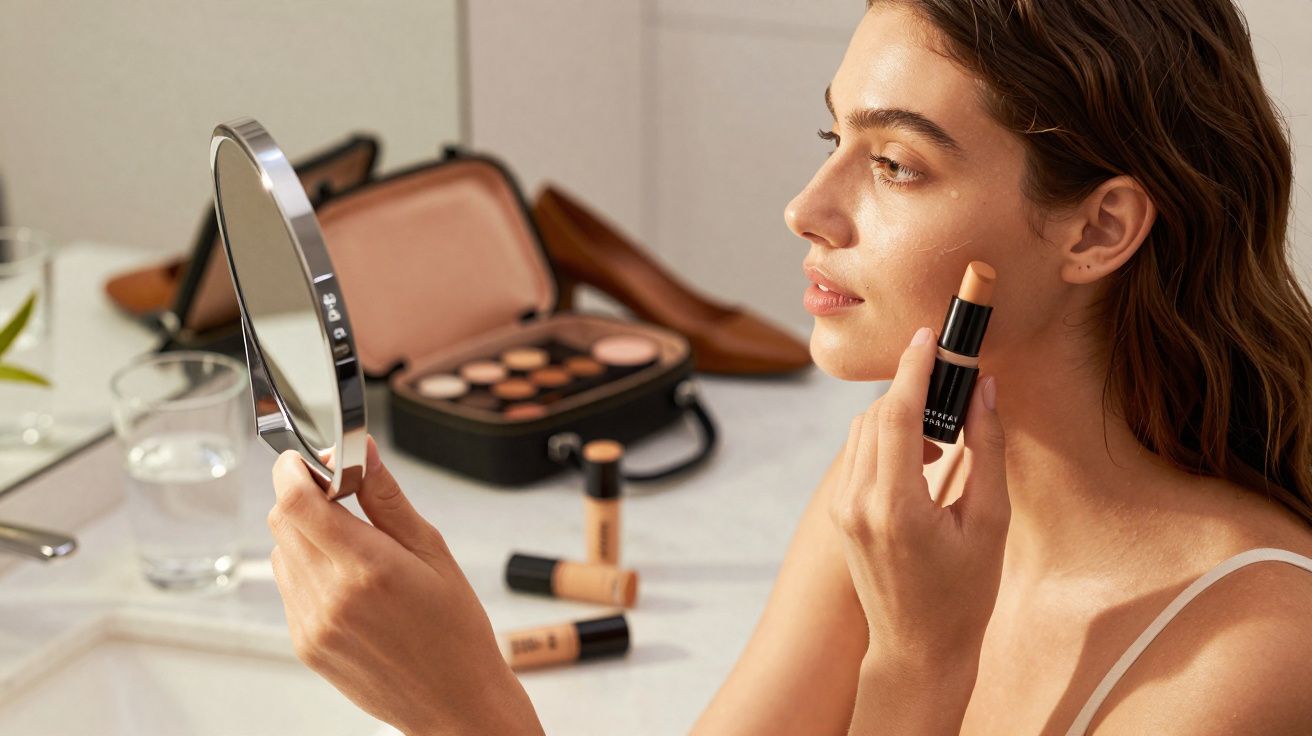 Mulher a aplicar corretor em bastão no rosto, olhando para um espelho de mão numa casa de banho.