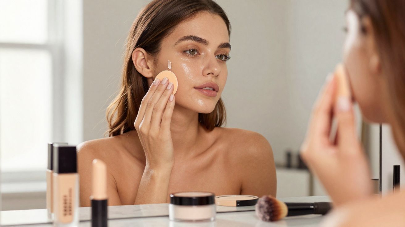 Mulher a aplicar base de maquilhagem com esponja em frente ao espelho numa casa de banho.