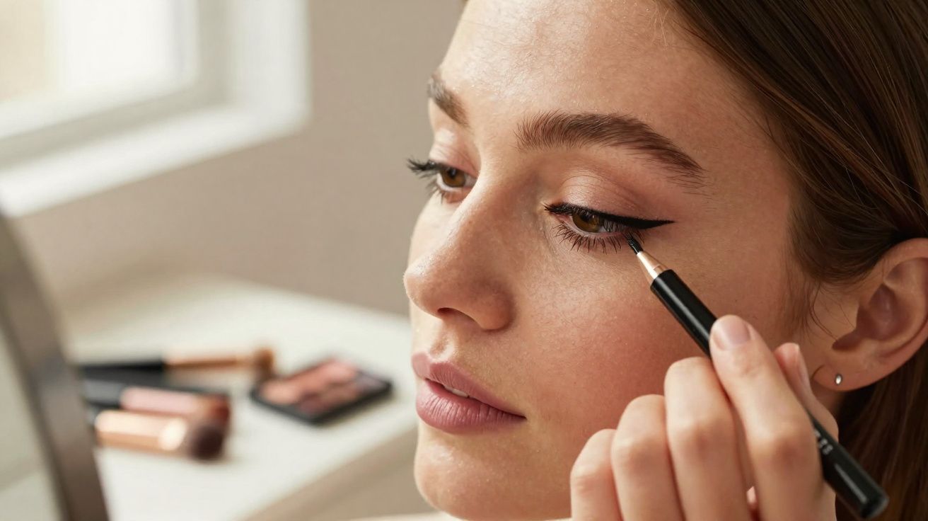 Mulher aplica delineador preto nos olhos à frente de um espelho num ambiente iluminado.