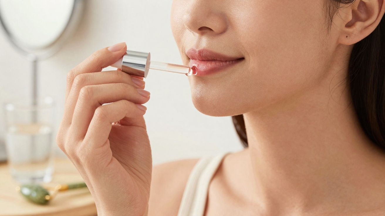 Mulher a aplicar sérum labial com conta-gotas nos lábios, fundo desfocado.