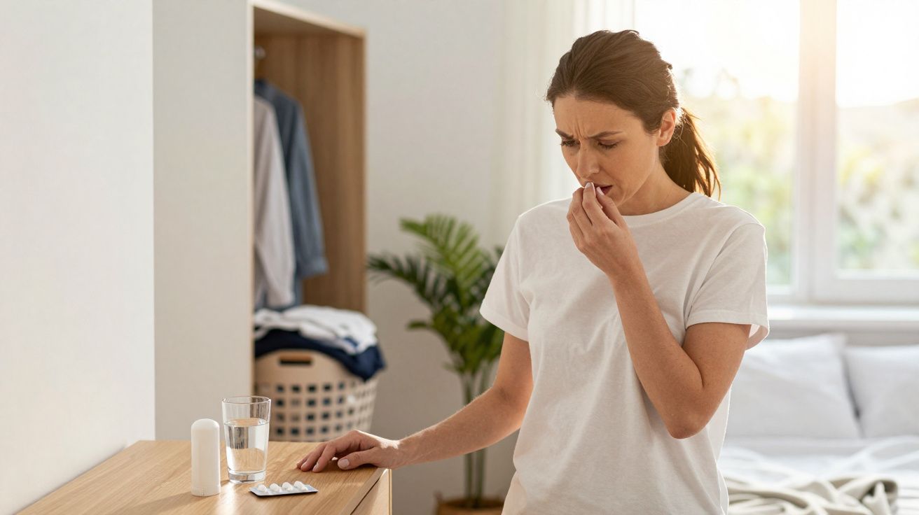 Mulher a tomar comprimidos em casa, ao lado de um copo de água e blister de medicação.