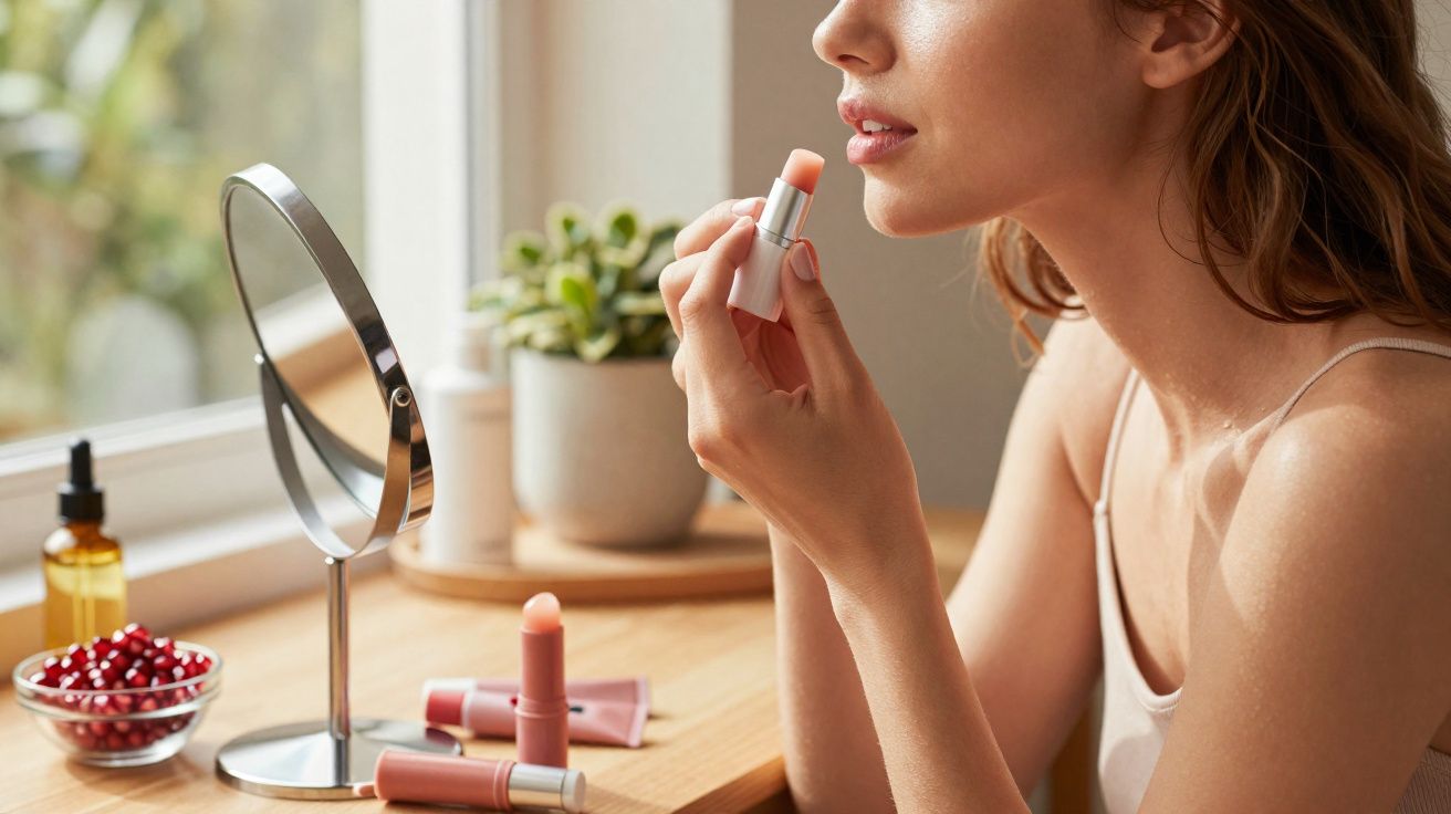 Mulher a aplicar bálsamo labial em frente a espelho numa mesa com produtos de beleza.
