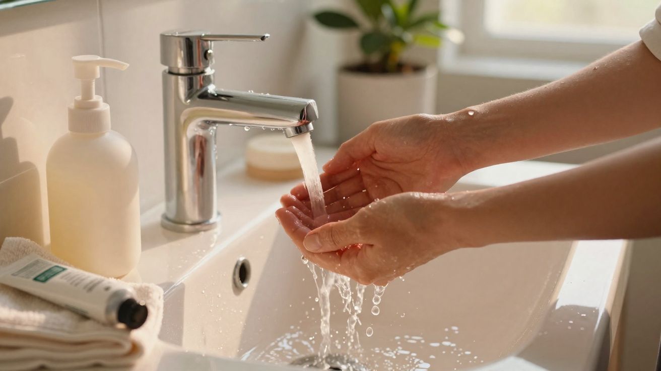 Mãos a serem lavadas com água numa torneira metálica junto a sabonete líquido e creme em cima da pia branca.