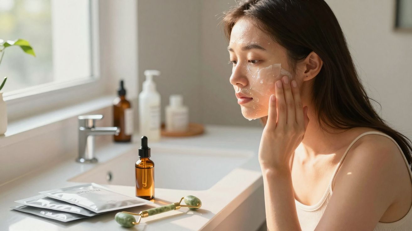 Mulher a aplicar creme facial numa casa de banho iluminada pela luz natural.