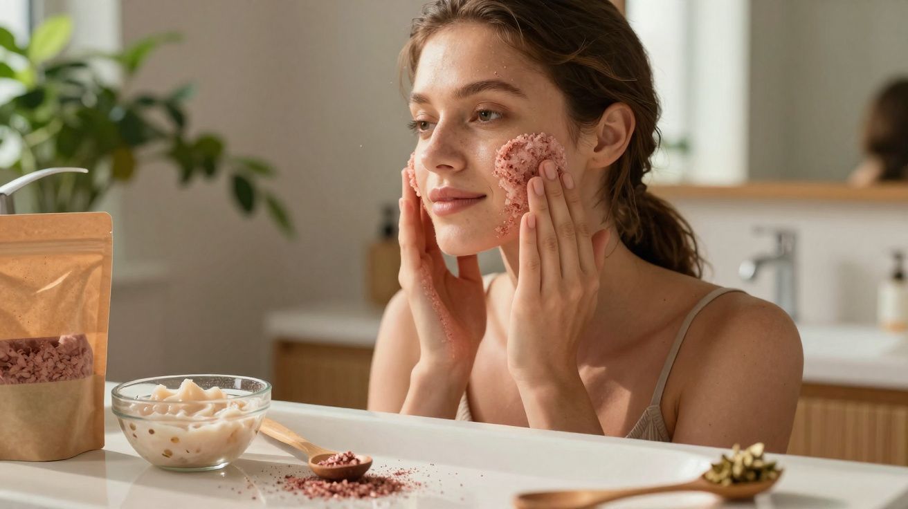 Mulher a esfoliar o rosto com produto natural num ambiente de casa de banho iluminado.