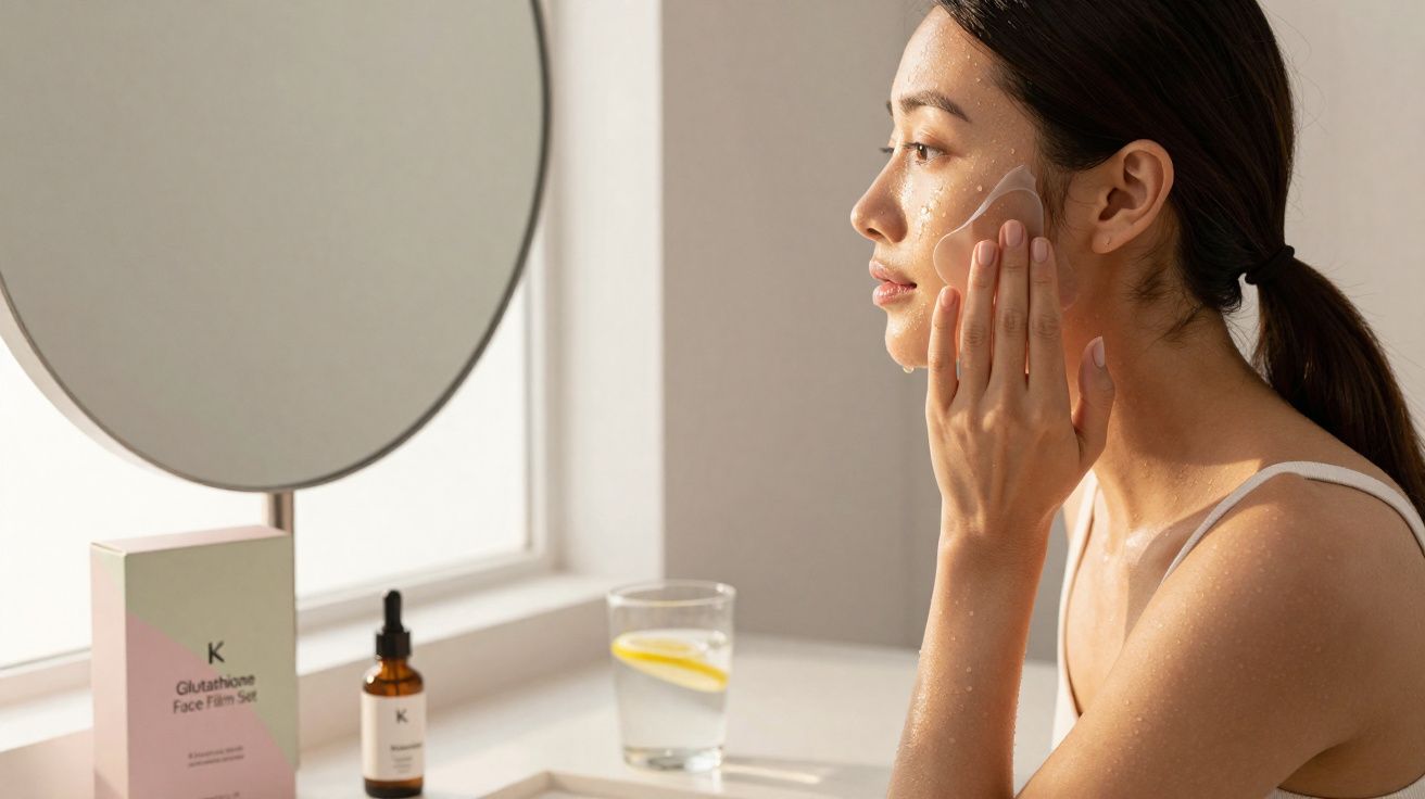 Mulher a aplicar máscara facial transparente no rosto junto a espelho e bancada com copo de água.