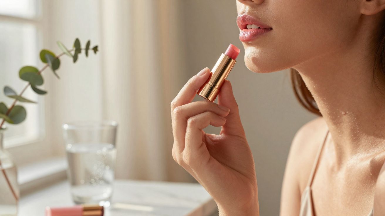 Mulher a aplicar baton rosa nos lábios junto a janela com planta e copo de água ao fundo.