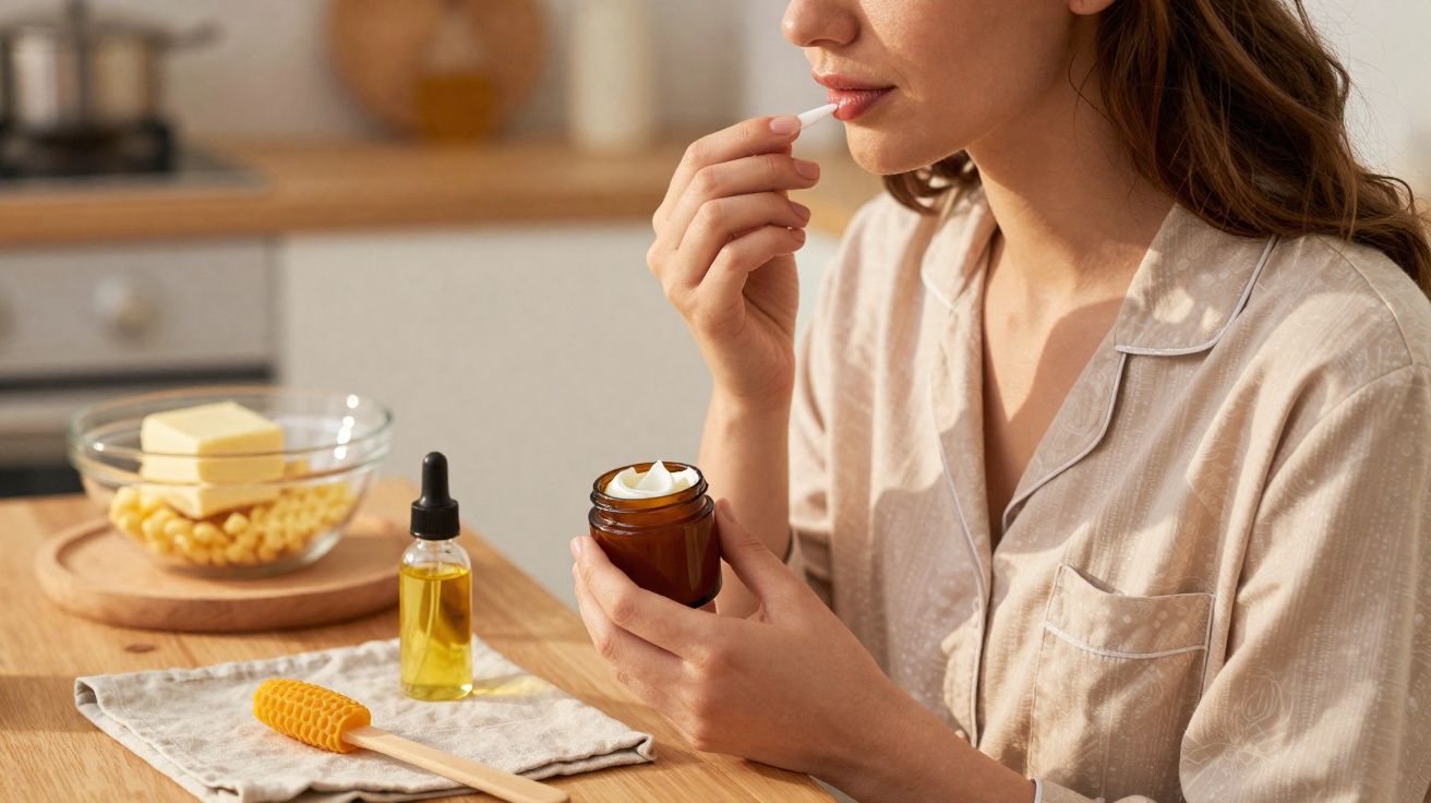 Mulher em pijama a aplicar creme nos lábios, sentada numa cozinha com ingredientes naturais ao fundo.