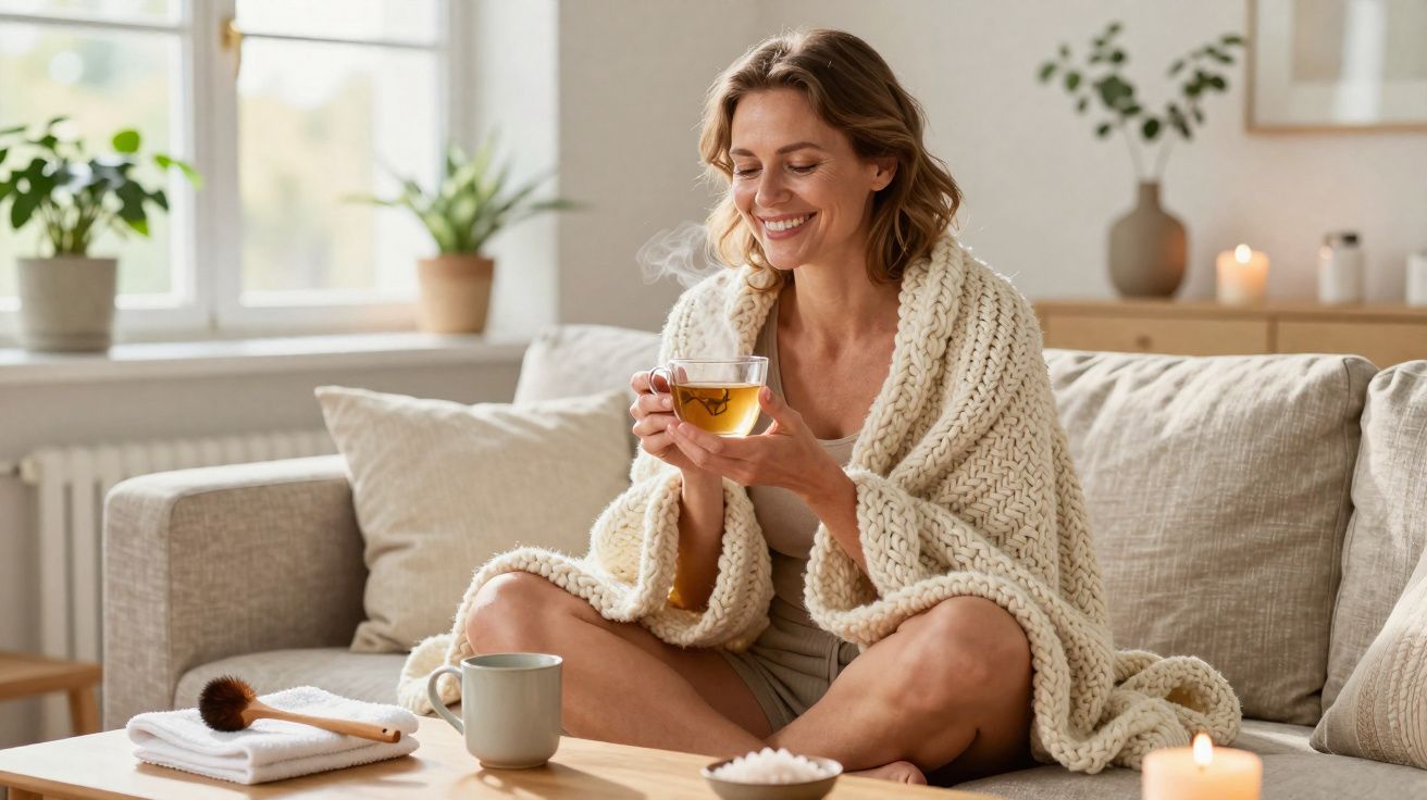 Mulher sorridente sentada no sofá, envolta numa manta, a desfrutar de uma chávena de chá quente.