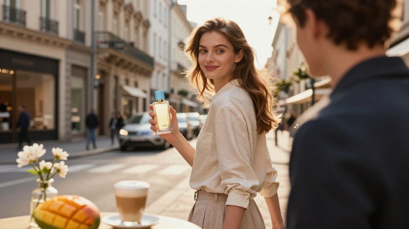 Mulher sorridente segura frasco de perfume na rua, com outra pessoa ao lado e mesa com café e fruta.