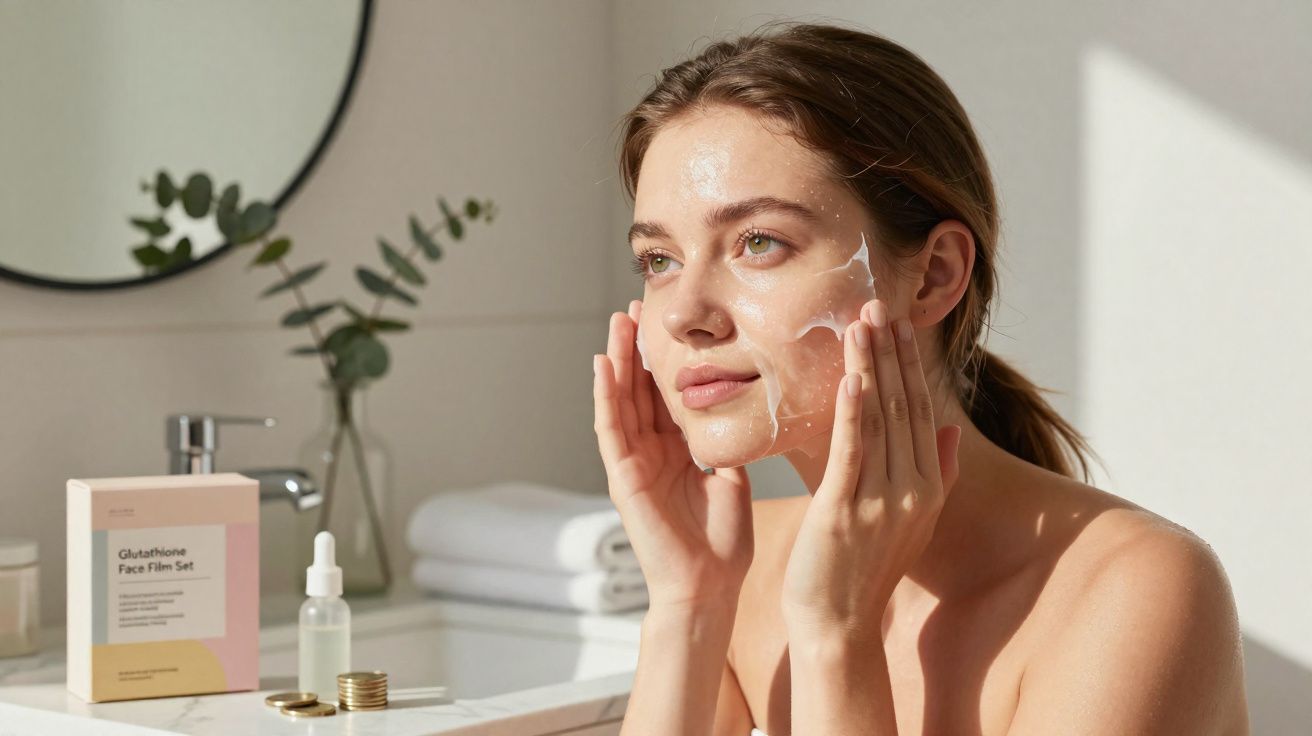 Mulher a aplicar máscara facial transparente numa pele limpa, em casa, com luz natural suave.