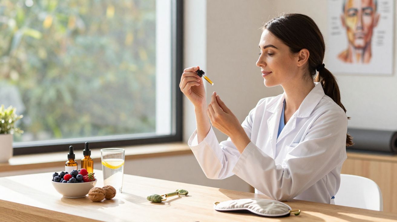 Mulher numa bata branca a preparar óleo essencial, com frutos e água na mesa iluminada por luz natural.