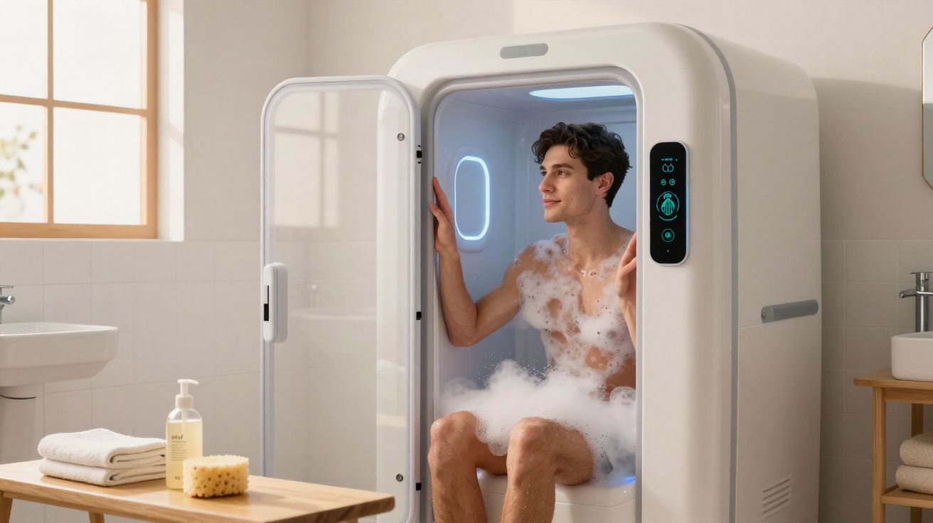 Homem sentado dentro de cabina de banho a vapor com espuma numa casa de banho iluminada.