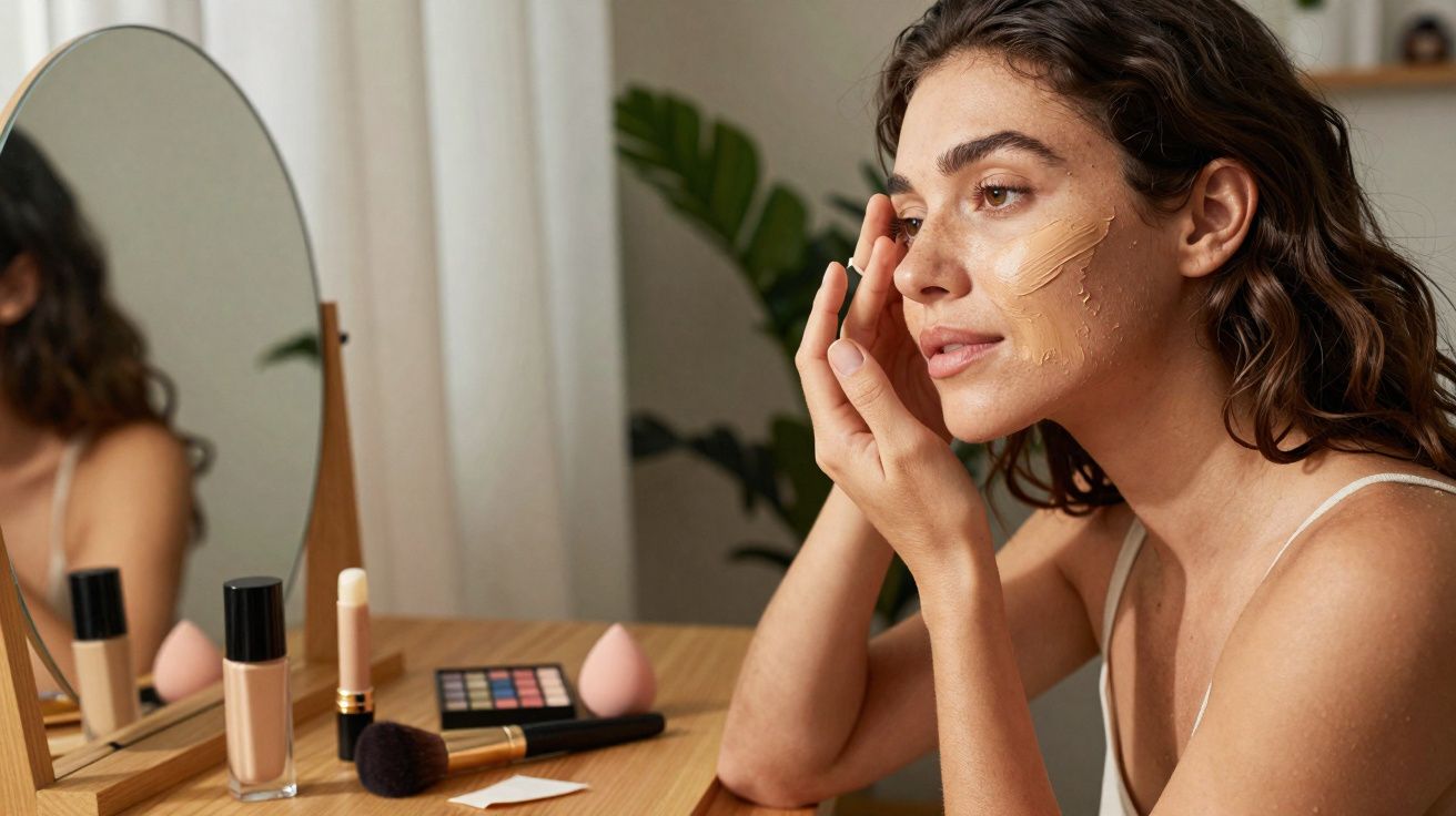 Mulher a aplicar base de maquilhagem no rosto em frente a um espelho com produtos de maquilhagem sobre a mesa.