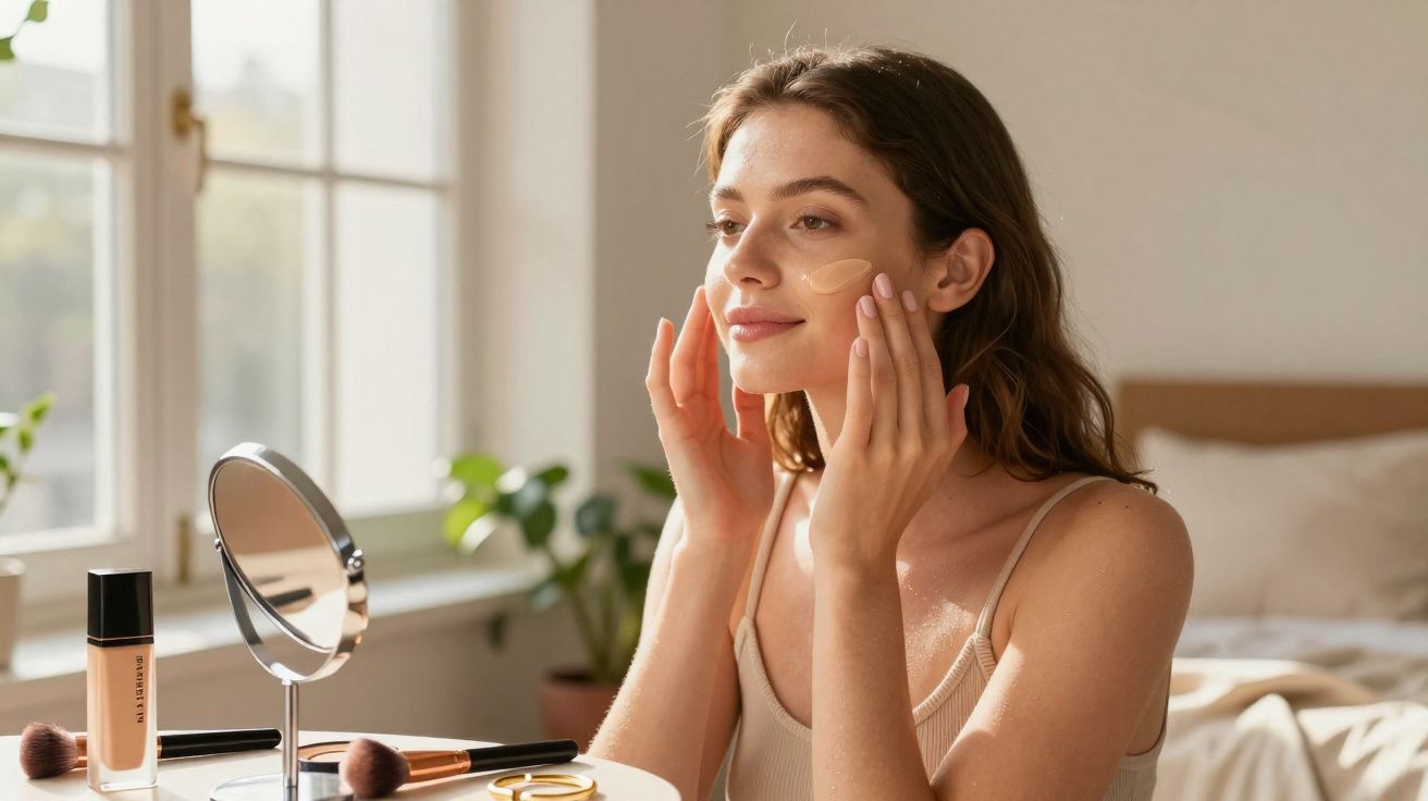 Mulher a aplicar creme no rosto num quarto iluminado, com espelho e produtos de maquilhagem à frente.