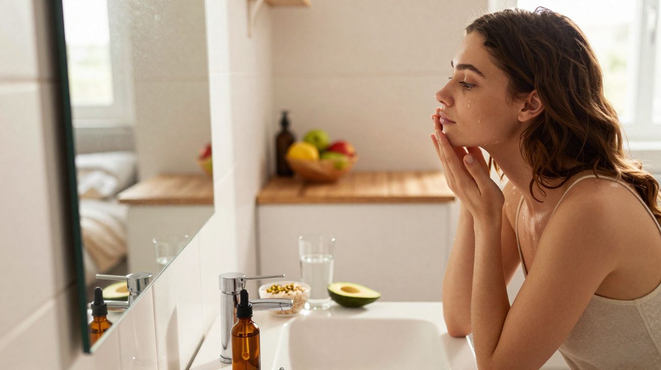 Mulher a cuidar da pele ao espelho na casa de banho com produtos e fruta no lavatório.