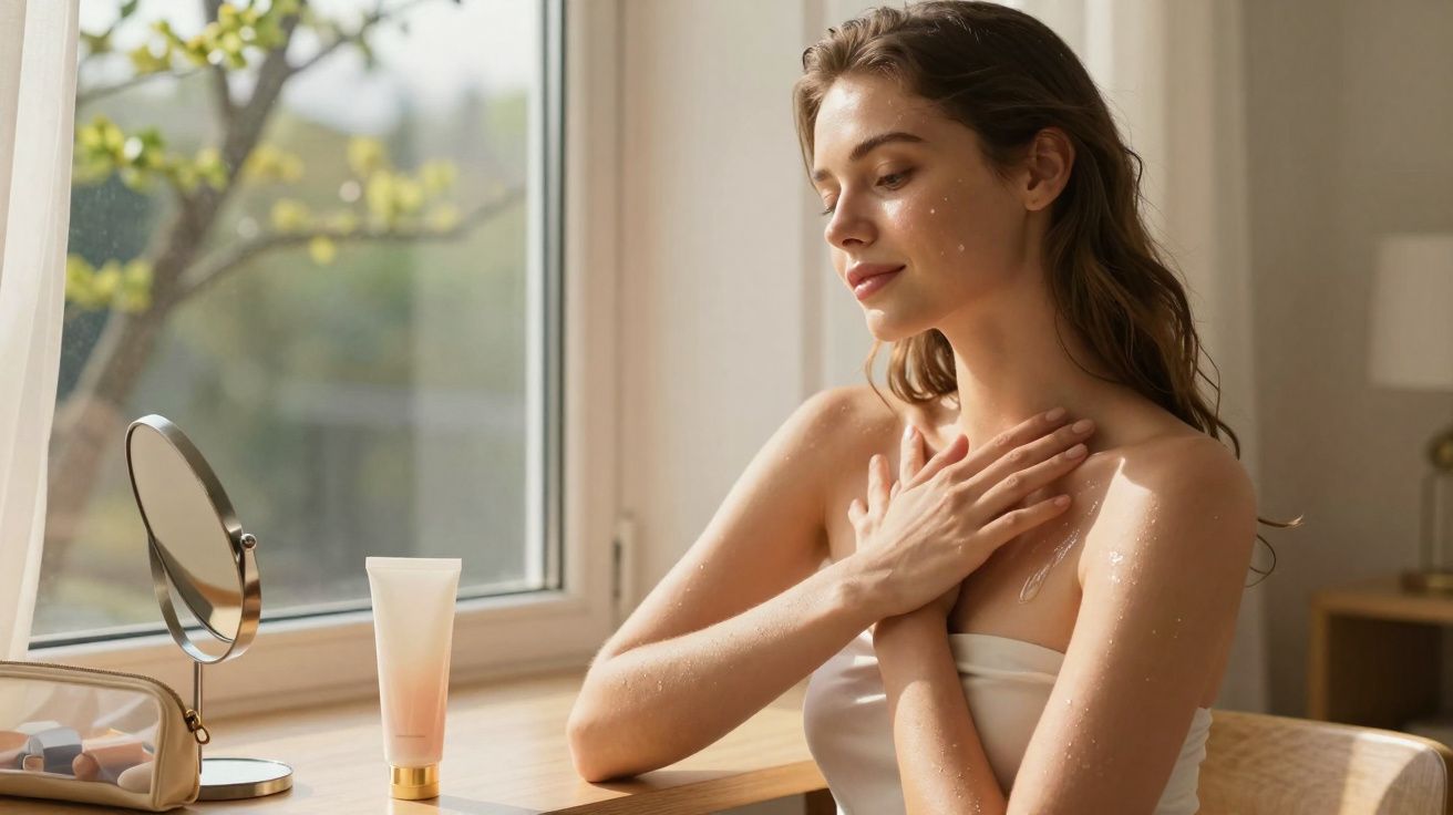 Mulher aplica creme hidratante no peito junto a janela com luz natural numa secretária de madeira.