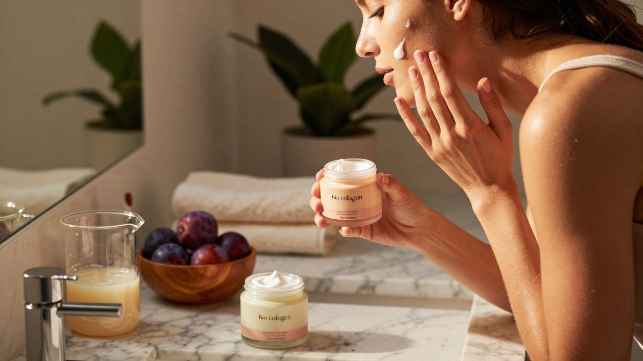 Mulher a aplicar creme hidratante no rosto junto a pia com vasos e frutas roxas numa taça de madeira.