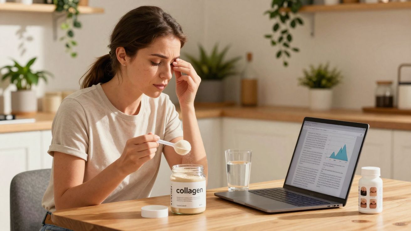 Mulher com expressão cansada a tomar suplemento de colagénio numa cozinha enquanto está a trabalhar no portátil.