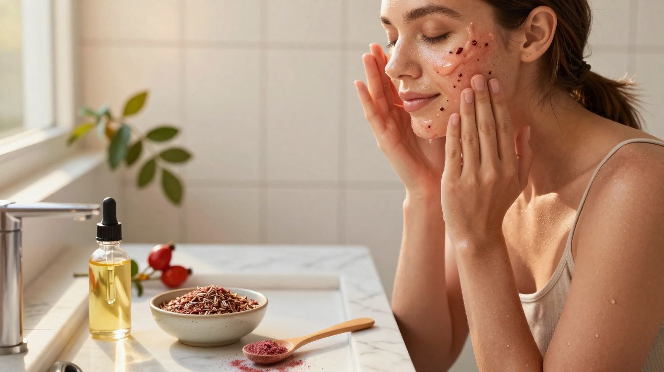 Mulher a aplicar esfoliante natural no rosto numa casa de banho luminosa com produtos sobre a bancada.