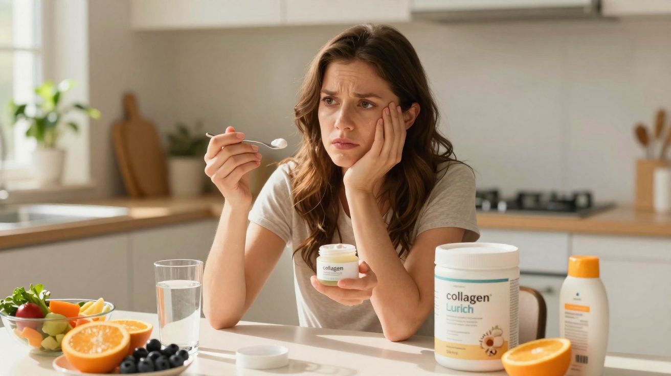 Mulher preocupada sentada à mesa com suplementos de colagénio e frutas frescas numa cozinha luminosa.