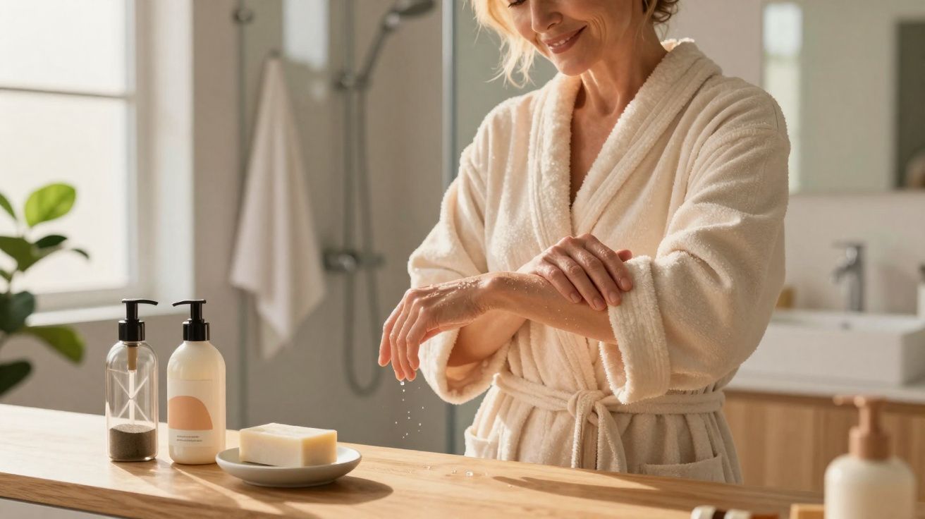 Mulher em bata branca a hidratar os braços numa casa de banho iluminada e moderna.