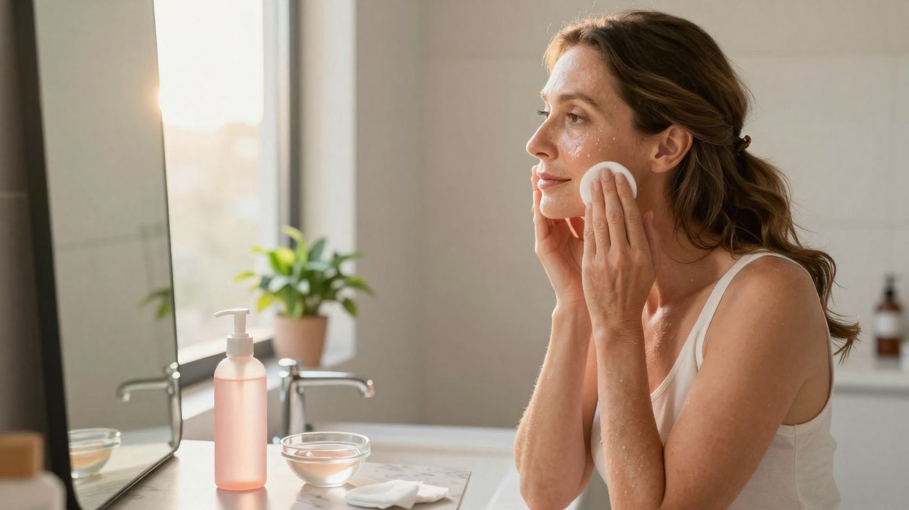 Mulher a limpar o rosto com disco de algodão junto a espelho numa casa de banho iluminada.