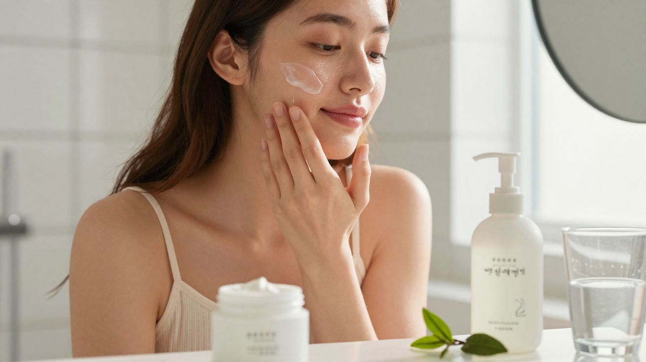 Mulher a aplicar creme no rosto num ambiente de casa de banho com produtos de cuidados de pele à frente.