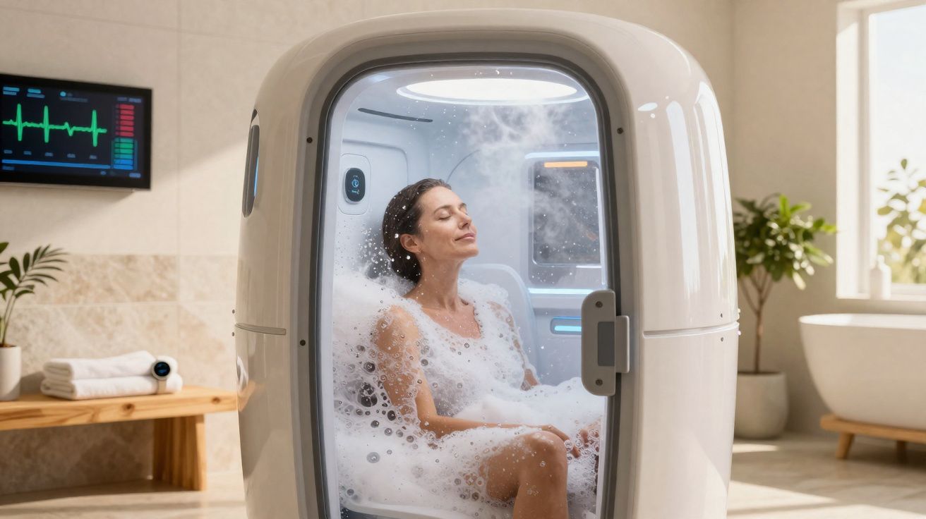 Mulher relaxa dentro de cápsula de spa cheia de espuma em ambiente moderno com plantas e equipamento médico.