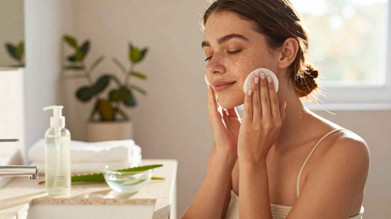 Mulher a limpar o rosto com discos de algodão no banheiro iluminado por luz natural.