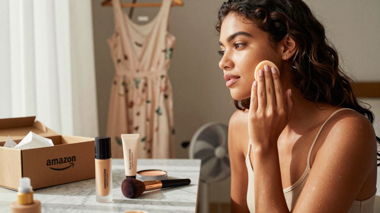 Mulher a aplicar maquilhagem no rosto sentada numa mesa com produtos de beleza e caixa da Amazon.