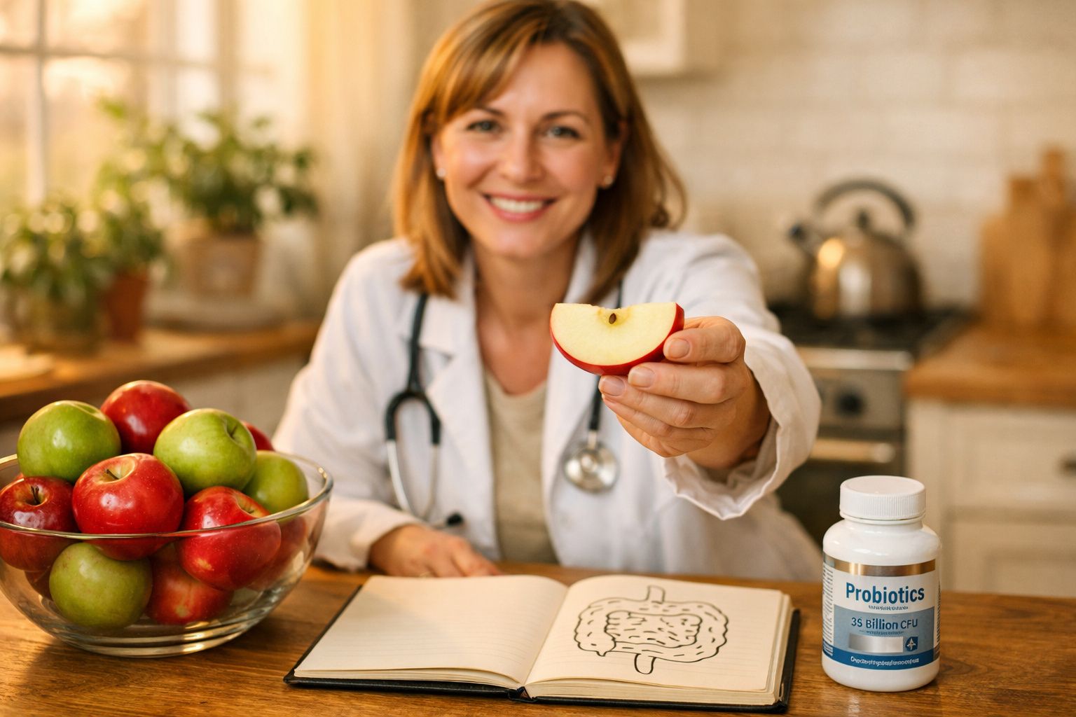 Médica sorridente com bata branca mostra uma fatia de maçã, ao lado de frutas e suplemento probiótico na cozinha.