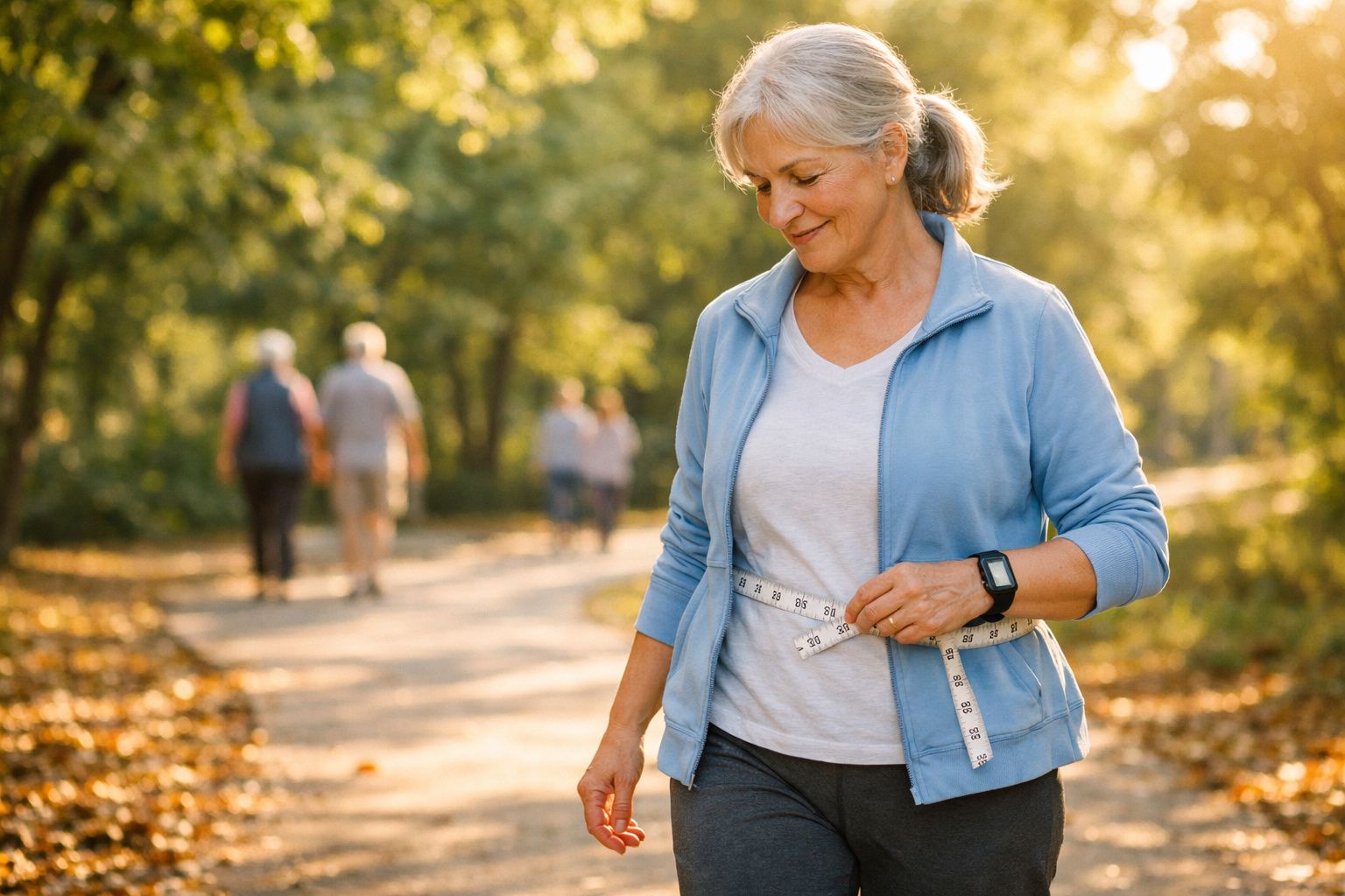 Mulher sorridente de meia-idade a medir a cintura com fita métrica num parque ao fim da tarde.