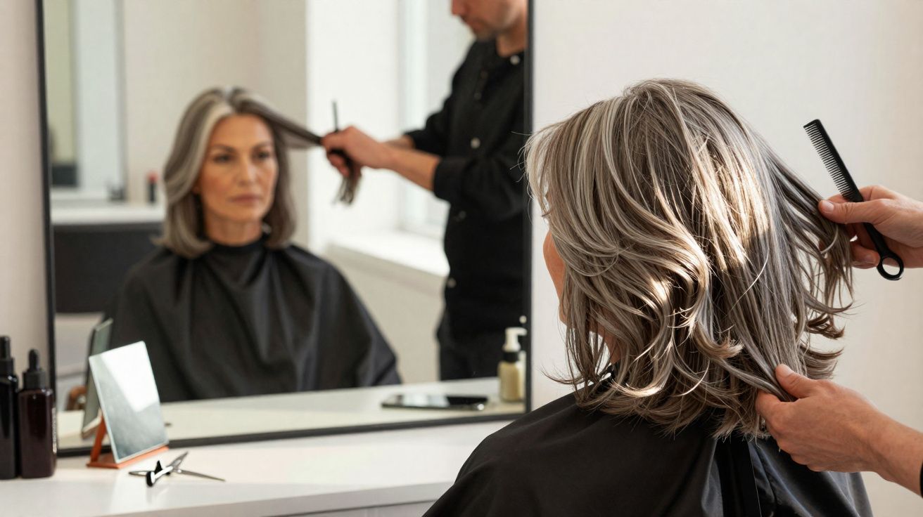 Mulher com cabelo grisalho a ser penteada por cabeleireiro num salão, refletida no espelho.