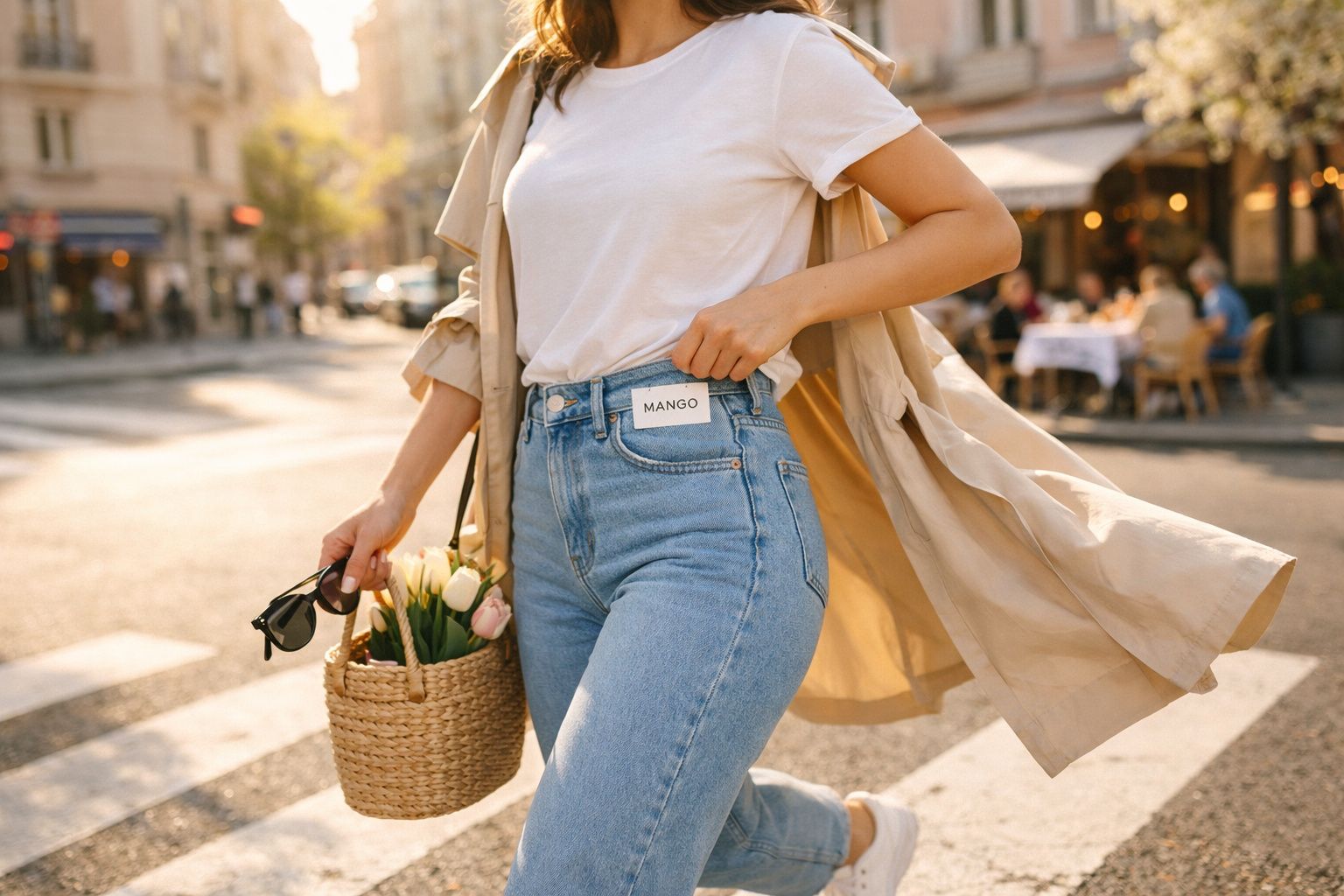 Mulher de casaco bege, t-shirt branca e jeans azuis com etiqueta Mango, segurando óculos e cesta com flores.