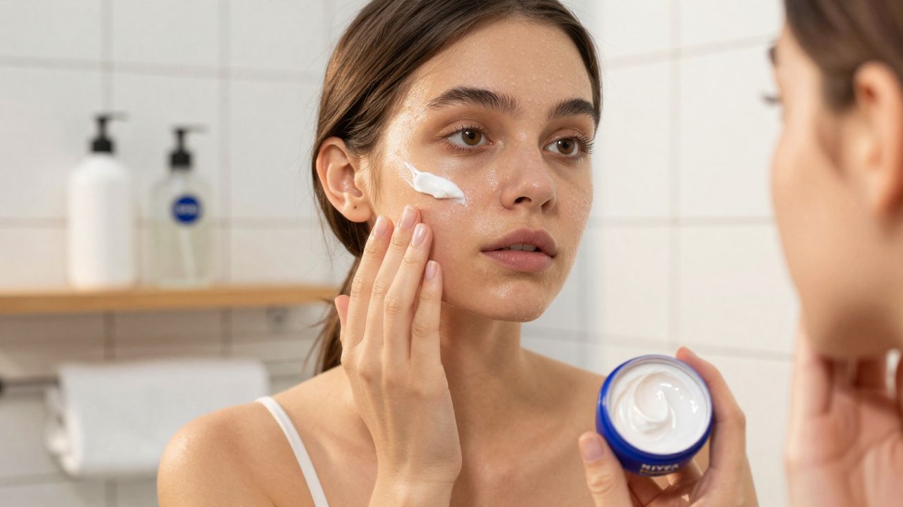 Mulher a aplicar creme hidratante no rosto diante do espelho numa casa de banho clara.