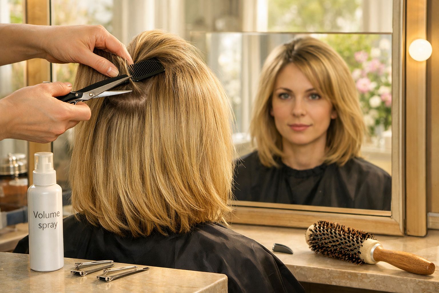 Mulher loira a cortar cabelo com tesoura frente ao espelho num salão de cabeleireiro.