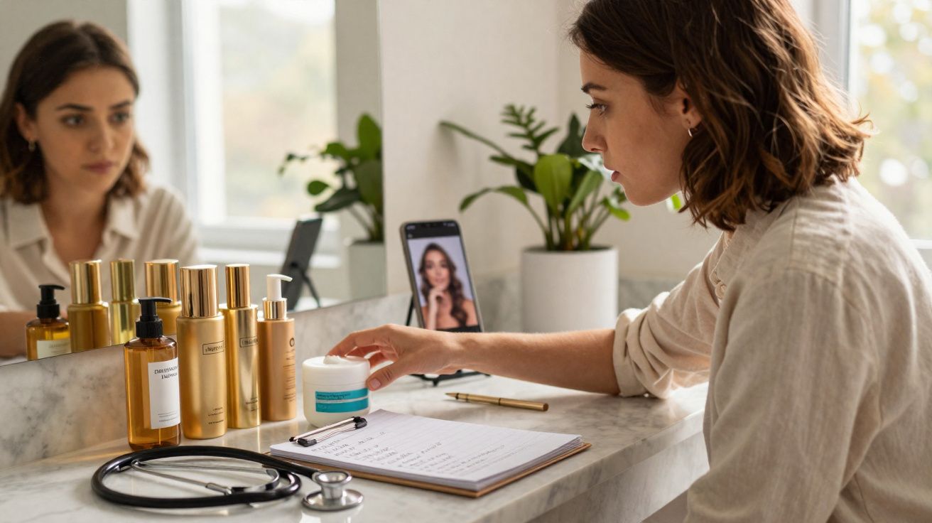 Mulher sentada à mesa com frascos de cosméticos, estetoscópio, bloco de notas e videochamada no telemóvel.