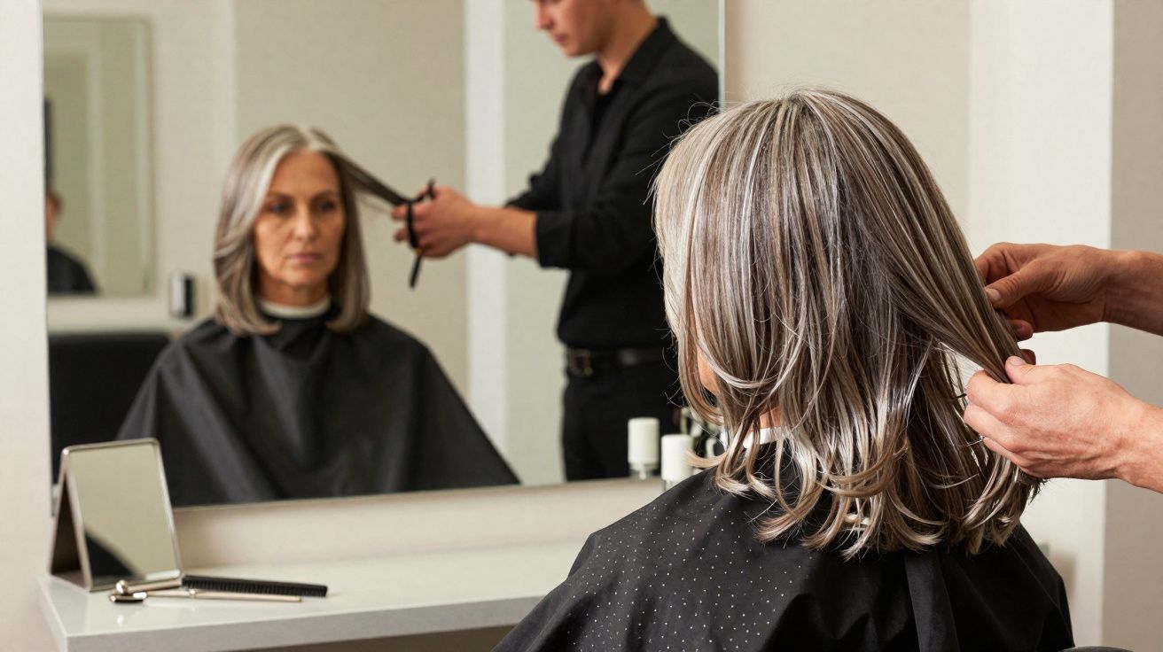 Mulher com cabelo cinzento sendo penteada por cabeleireiro num salão refletido num espelho.