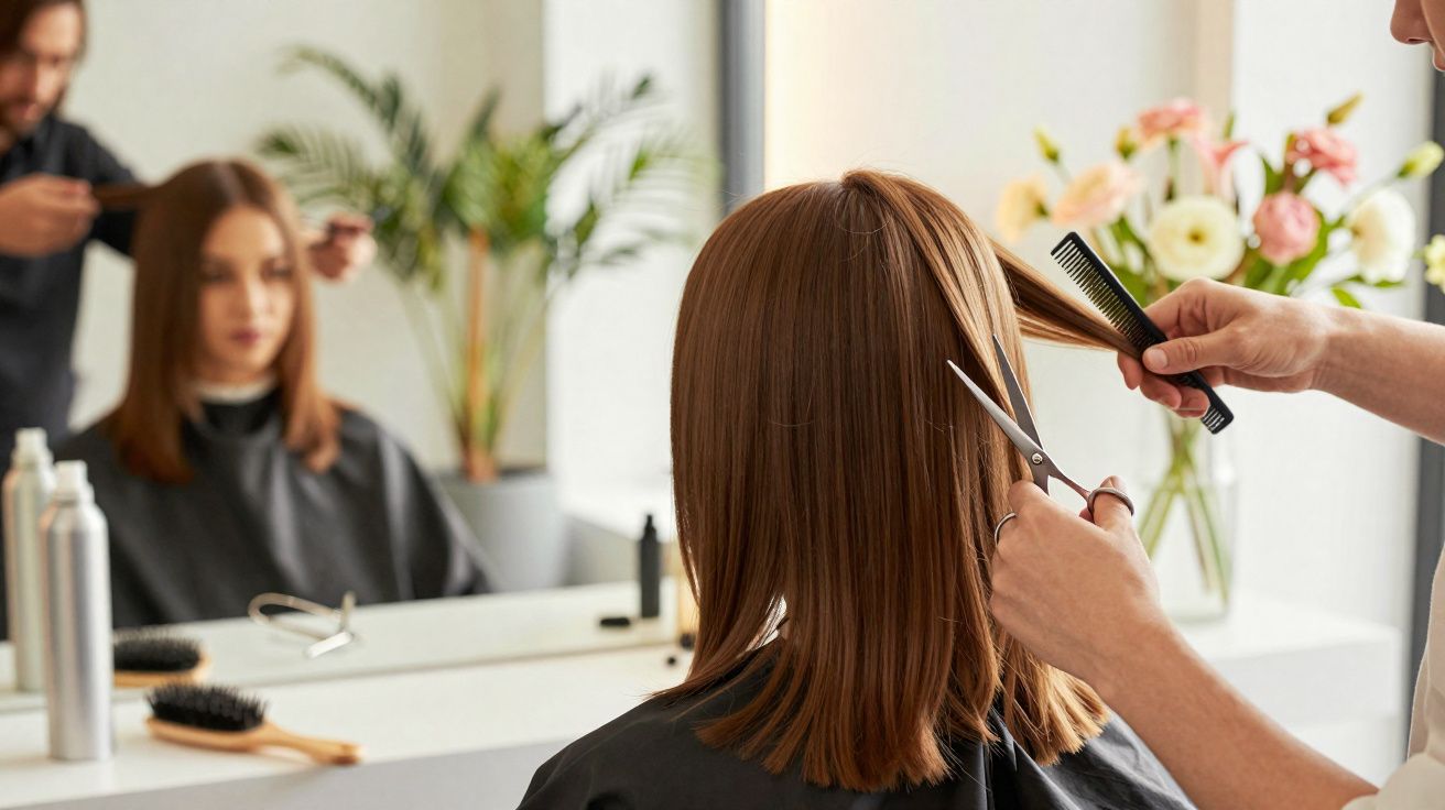 Profissional a cortar cabelo liso castanho de mulher num salão de cabeleireiro moderno.