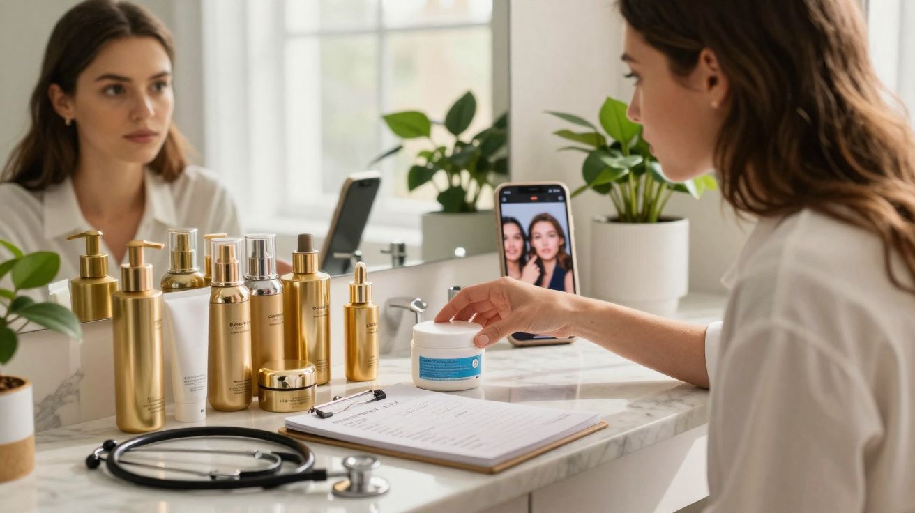 Mulher a analisar produtos de cuidados de pele à frente do espelho, com estetoscópio e bloco de notas na bancada.